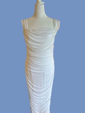 NWT White Ruched off the shoulder Maxi Dress